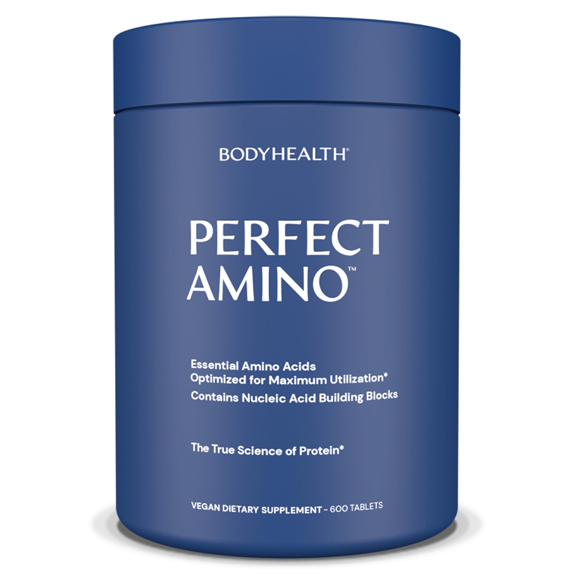 BodyHealth PerfectAmino bottle front view highlighting essential amino acids.