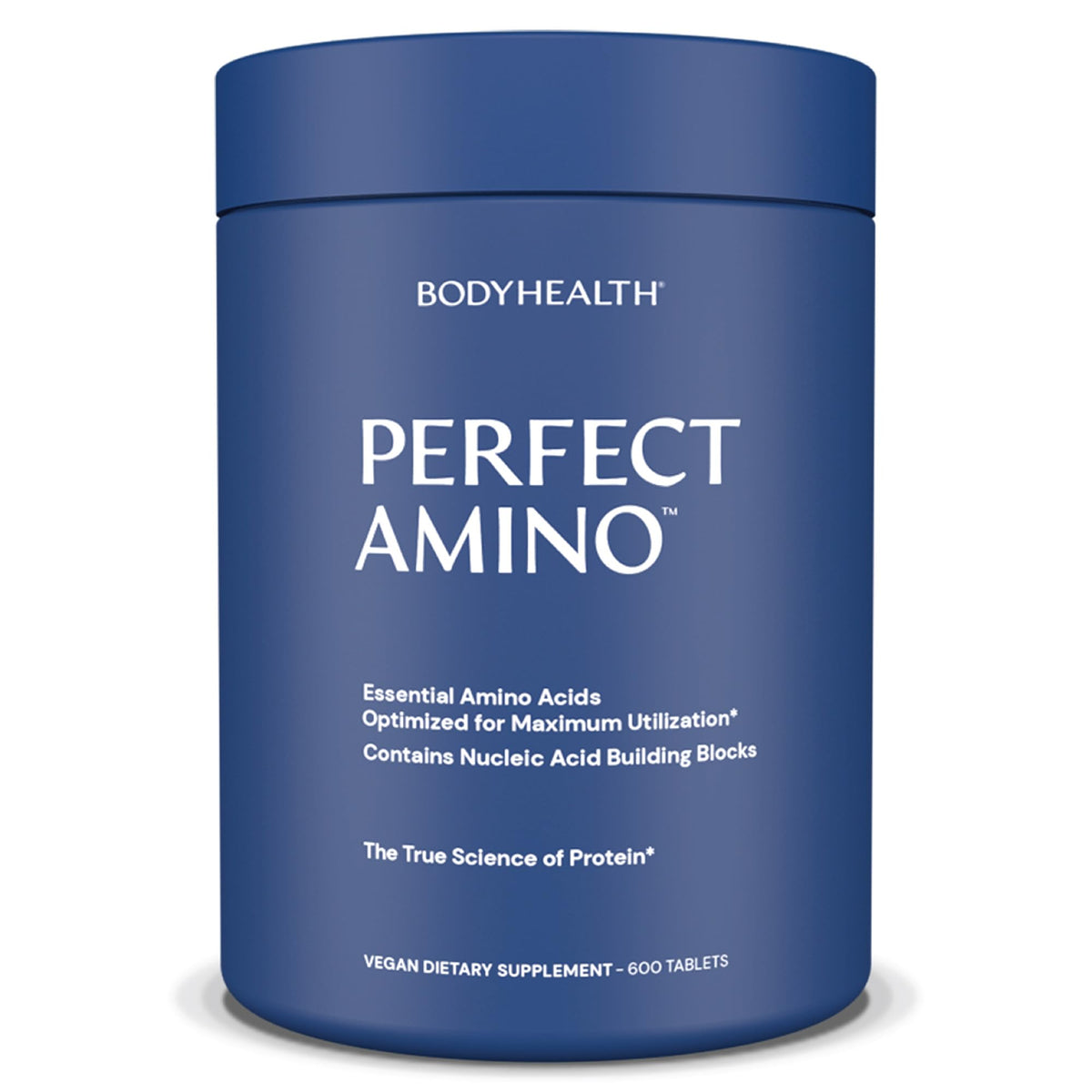 BodyHealth PerfectAmino bottle front view highlighting essential amino acids.