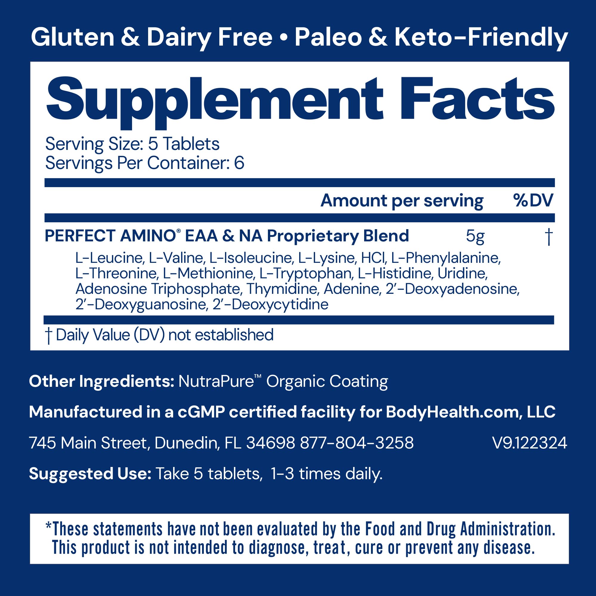 BodyHealth PerfectAmino bottle with nutrition facts highlights low calories.