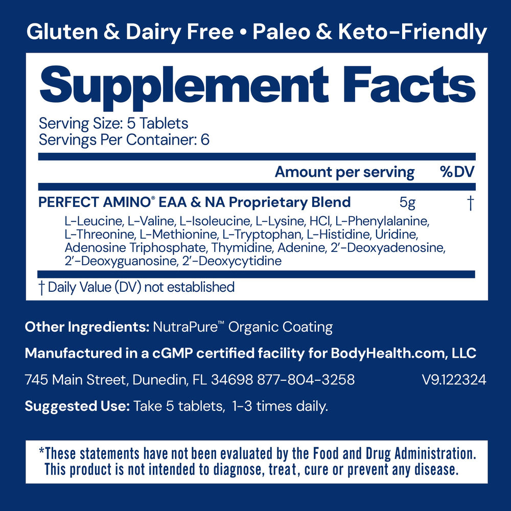 BodyHealth PerfectAmino bottle with nutrition facts highlights low calories.