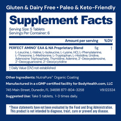 BodyHealth PerfectAmino bottle with nutrition facts highlights low calories.
