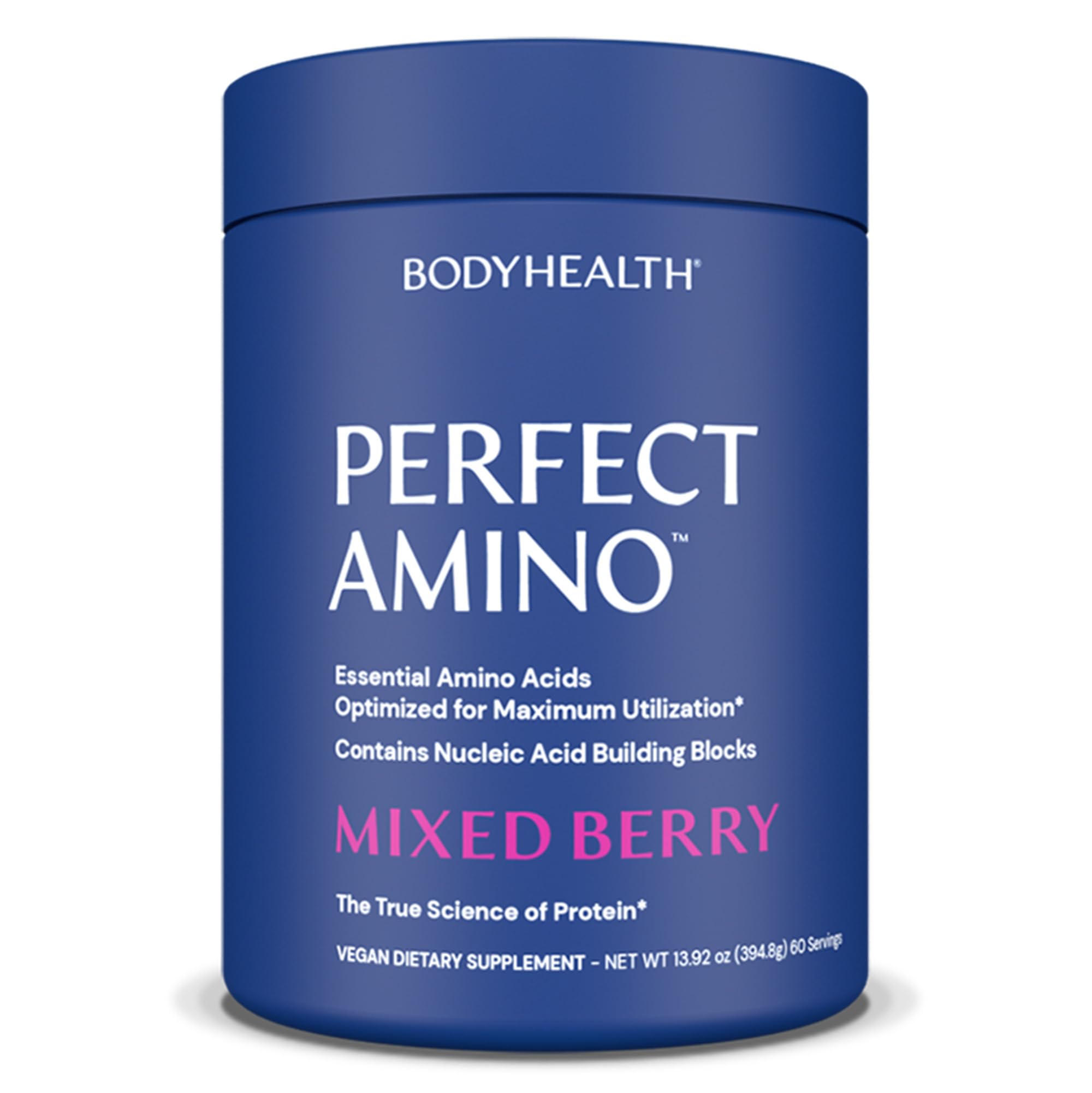 BodyHealth PerfectAmino bottle displays plant-based amino blend for recovery support