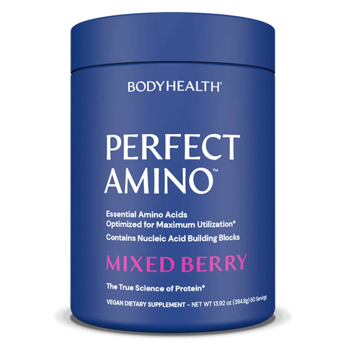 BodyHealth PerfectAmino bottle displays plant-based amino blend for recovery support