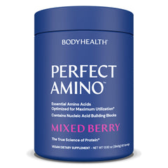 BodyHealth PerfectAmino bottle displays plant-based amino blend for recovery support