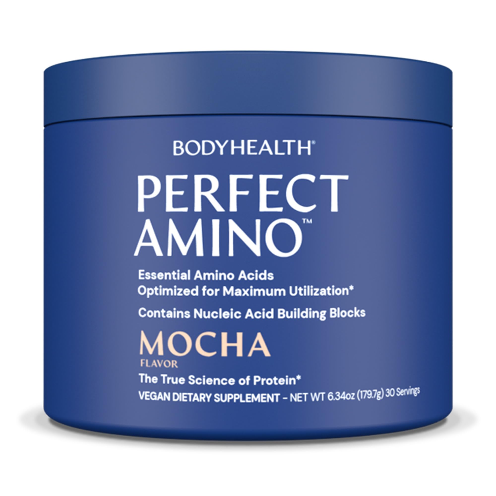 BodyHealth PerfectAmino can in mocha flavor ready for pre-workout energy.
