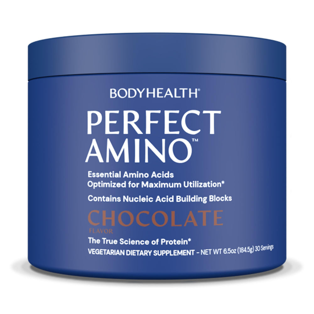 BodyHealth PerfectAmino chocolate powder tub for quick muscle recovery after workouts.