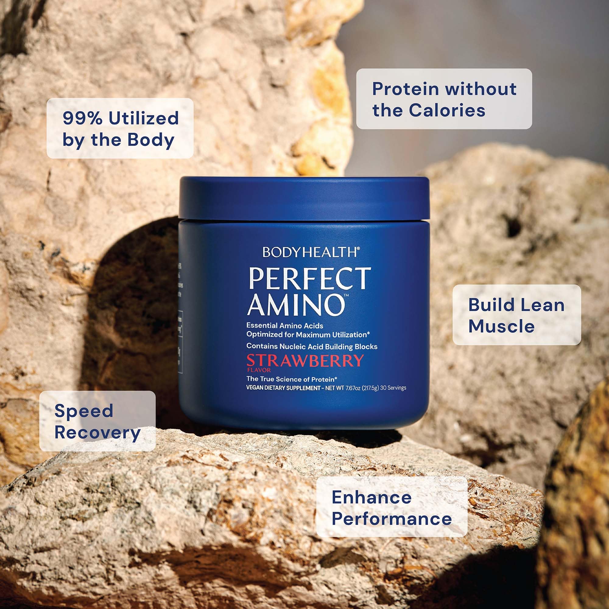 BodyHealth PerfectAmino closeup-ingredients emphasizing plant-based amino acids for lean muscle.