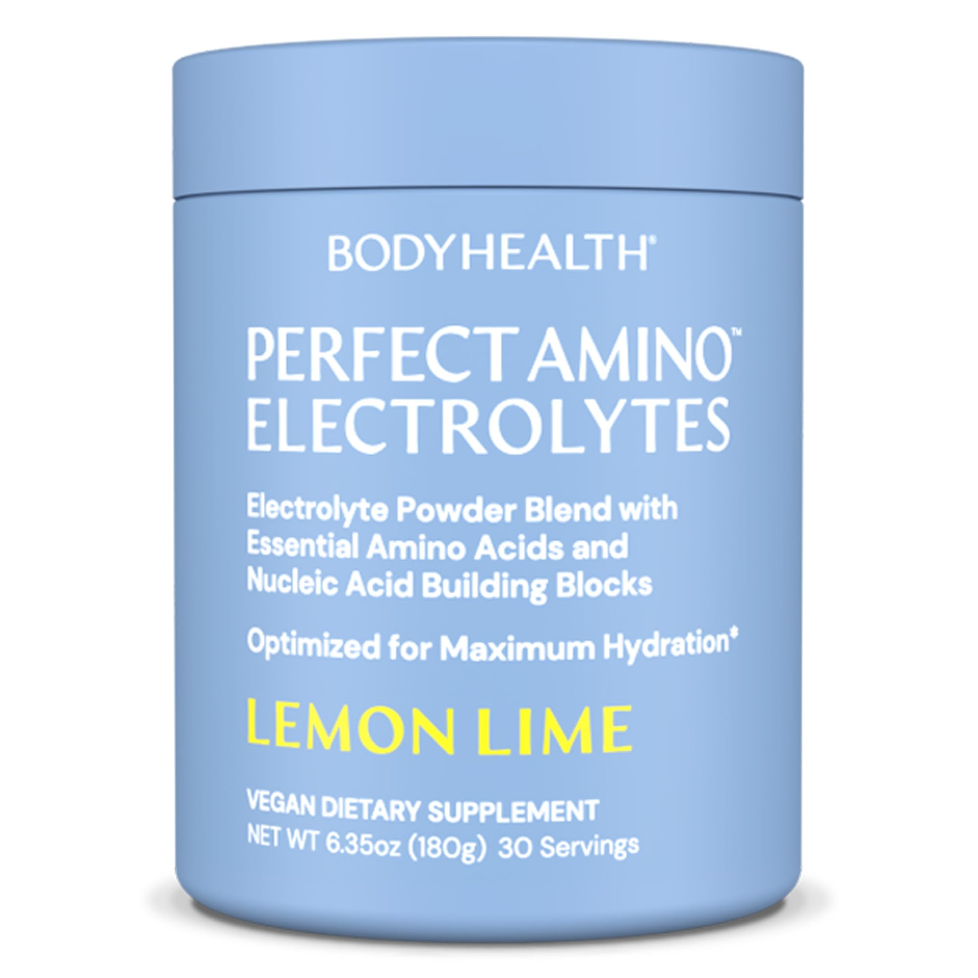 BodyHealth PerfectAmino Electrolyte Lemon Lime powder in jar for 30 servings, ready for hydration.