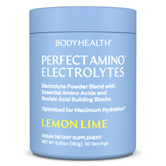 BodyHealth PerfectAmino Electrolyte Lemon Lime powder in jar for 30 servings, ready for hydration.