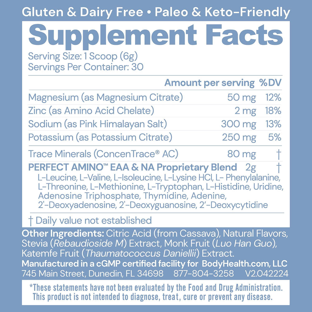 Close-up of one-scoop measure of BodyHealth PerfectAmino Electrolyte powder.
