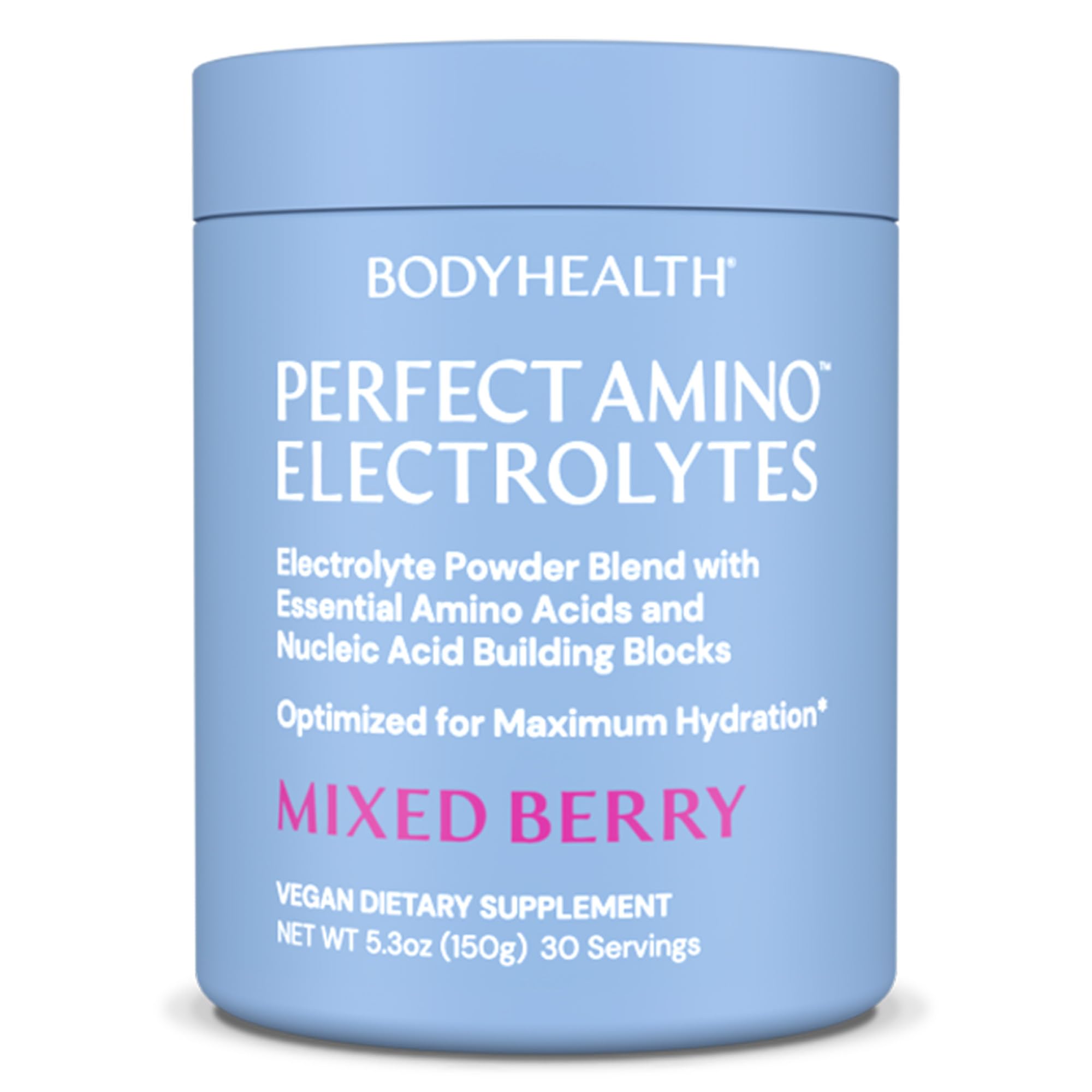 BodyHealth PerfectAmino Electrolytes Powder mixed berry bottle for long-lasting hydration during workouts