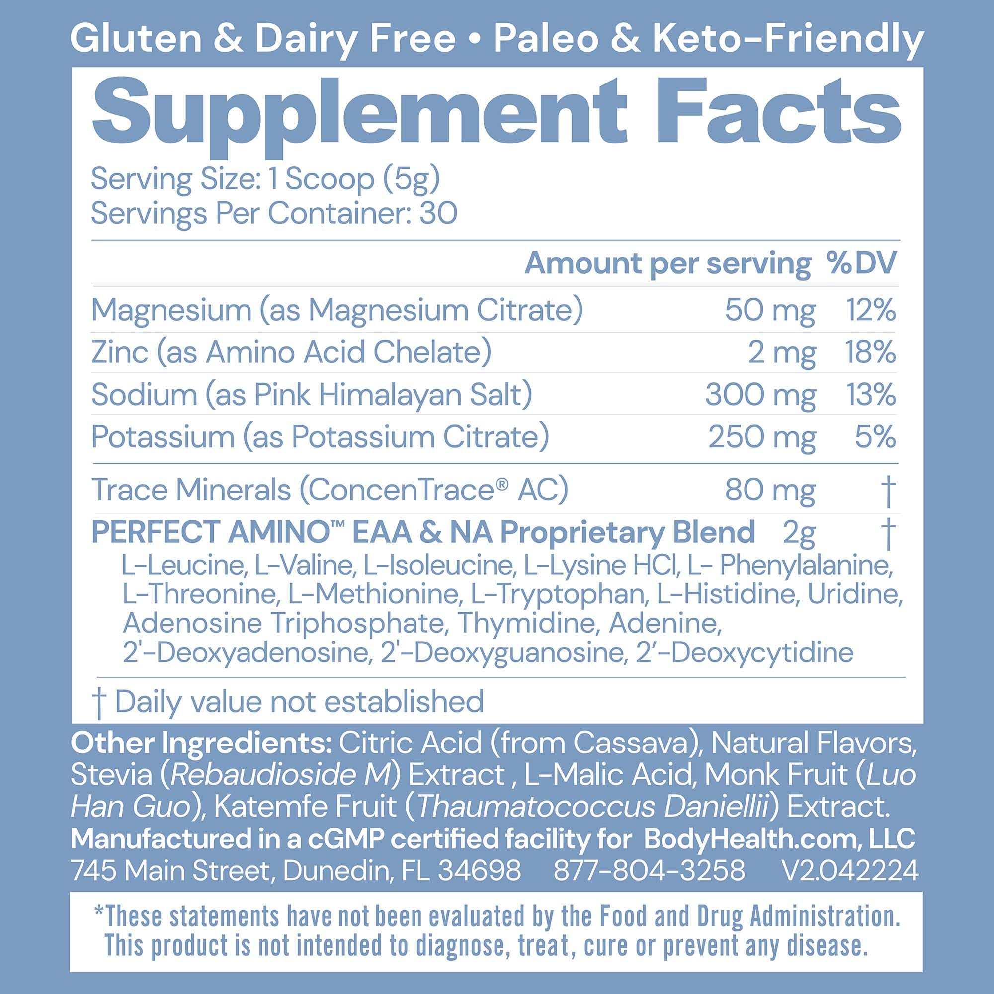 BodyHealth PerfectAmino Electrolytes Powder mixed berry powder close-up showcasing sugar-free hydration