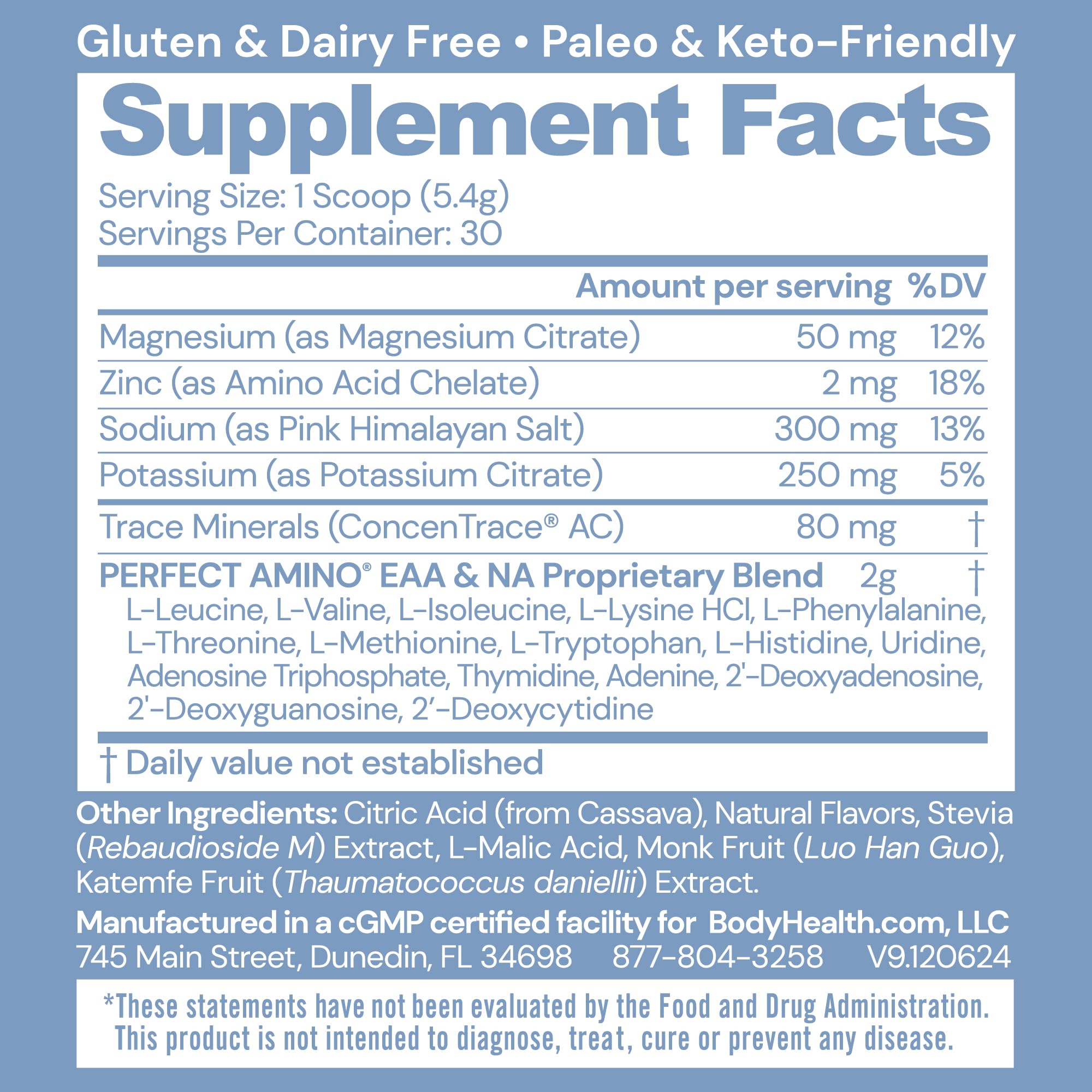 BodyHealth PerfectAmino Electrolytes Orange bottle showcasing keto-friendly hydration on the go.
