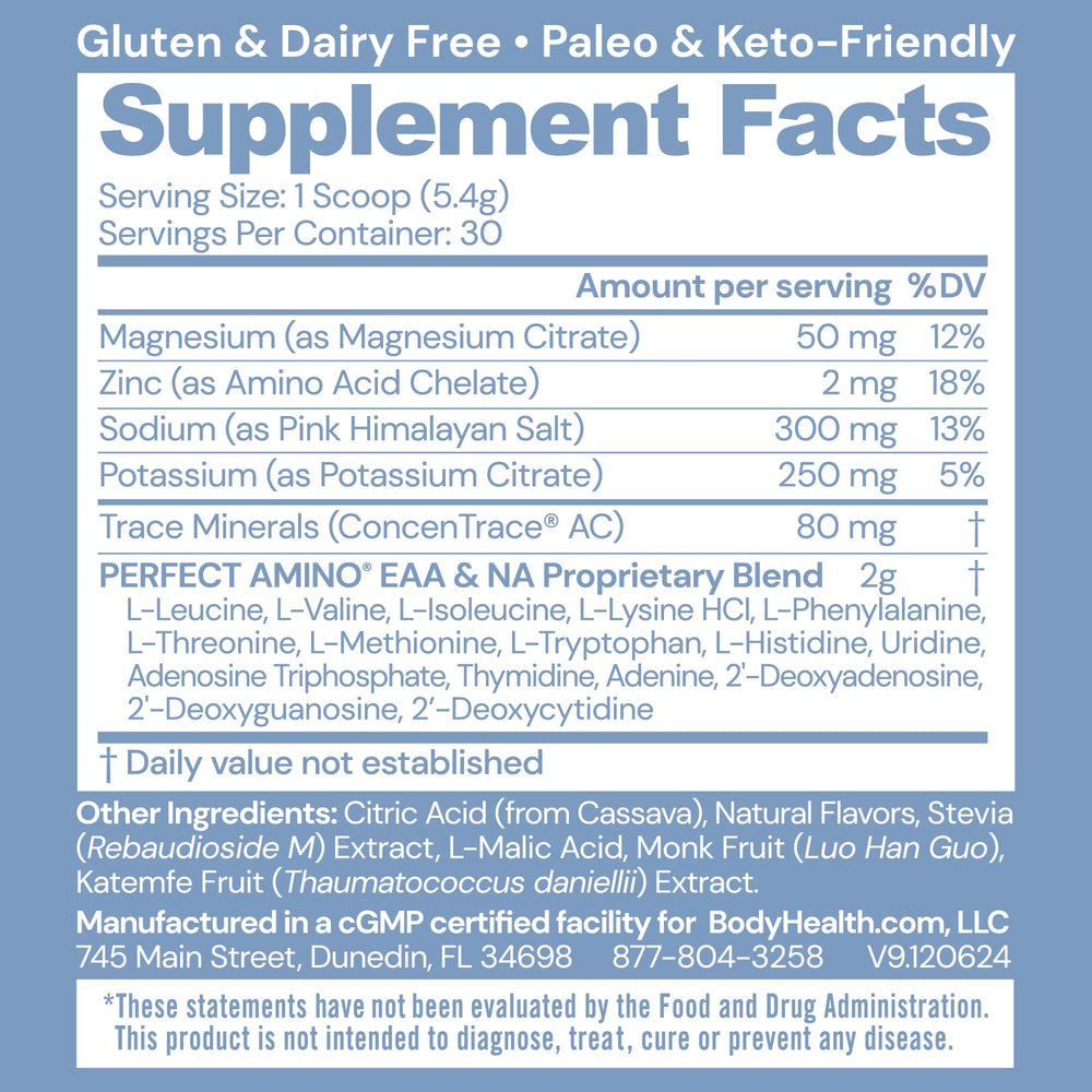 BodyHealth PerfectAmino Electrolytes Orange bottle showcasing keto-friendly hydration on the go.