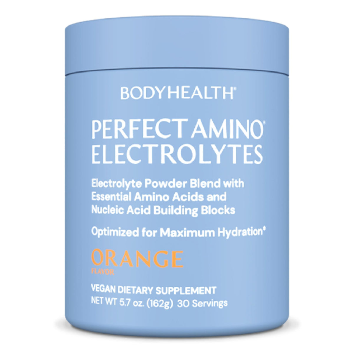 BodyHealth PerfectAmino Electrolytes Orange powder for quick, sugar-free hydration during workouts.