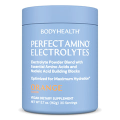 BodyHealth PerfectAmino Electrolytes Orange powder for quick, sugar-free hydration during workouts.