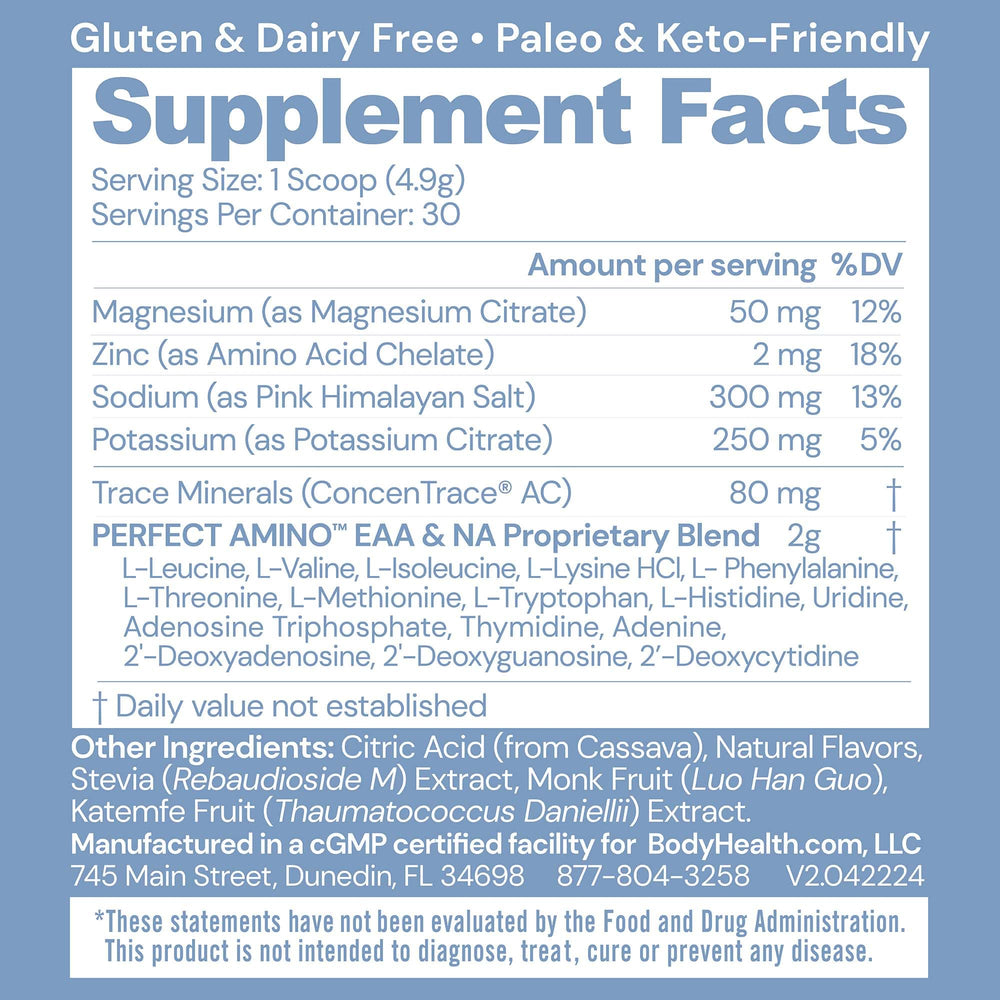 BodyHealth PerfectAmino Electrolytes in a shaker for post-workout refreshment