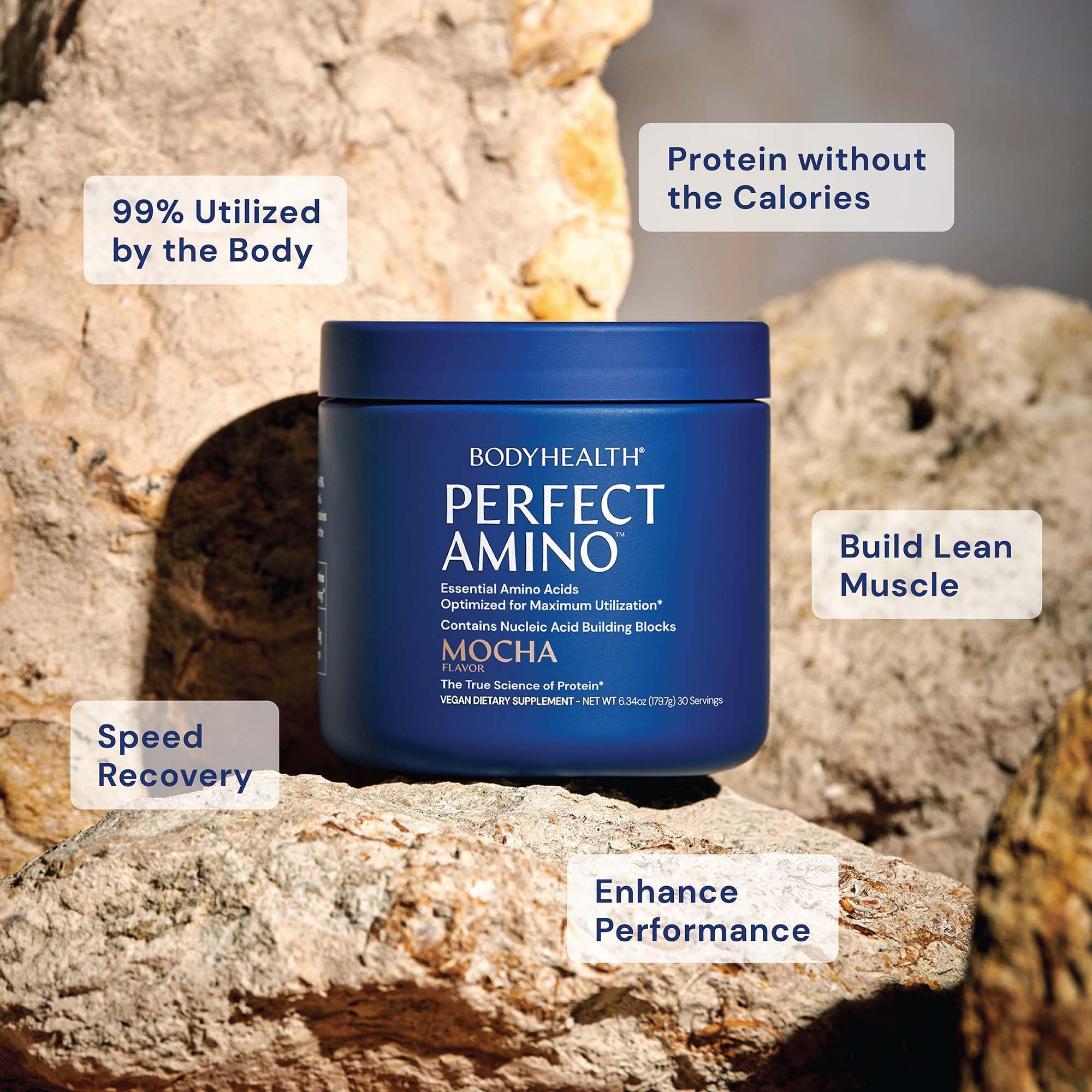 BodyHealth PerfectAmino ingredients panel highlights essential BCAA and EAA profile.