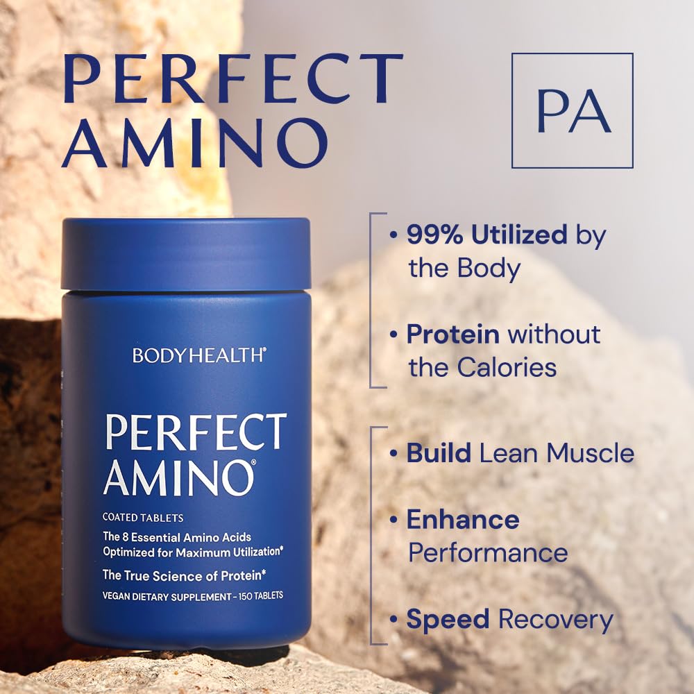 BodyHealth PerfectAmino label highlights amino acids and vegan formula for daily use.