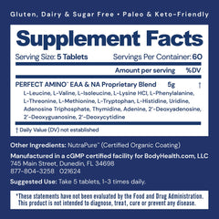 BodyHealth PerfectAmino pack shot showing a 300-count vegan amino acid supplement for daily training.