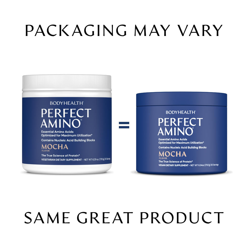 Front of BodyHealth PerfectAmino packaging highlights 30 servings and mocha flavor.