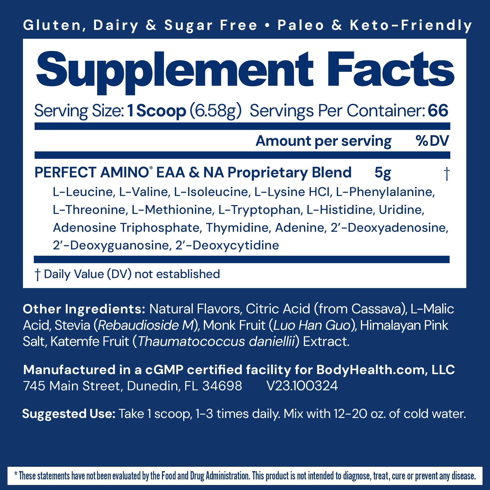 BodyHealth PerfectAmino powder bottle back highlights NSF certification and clean ingredients