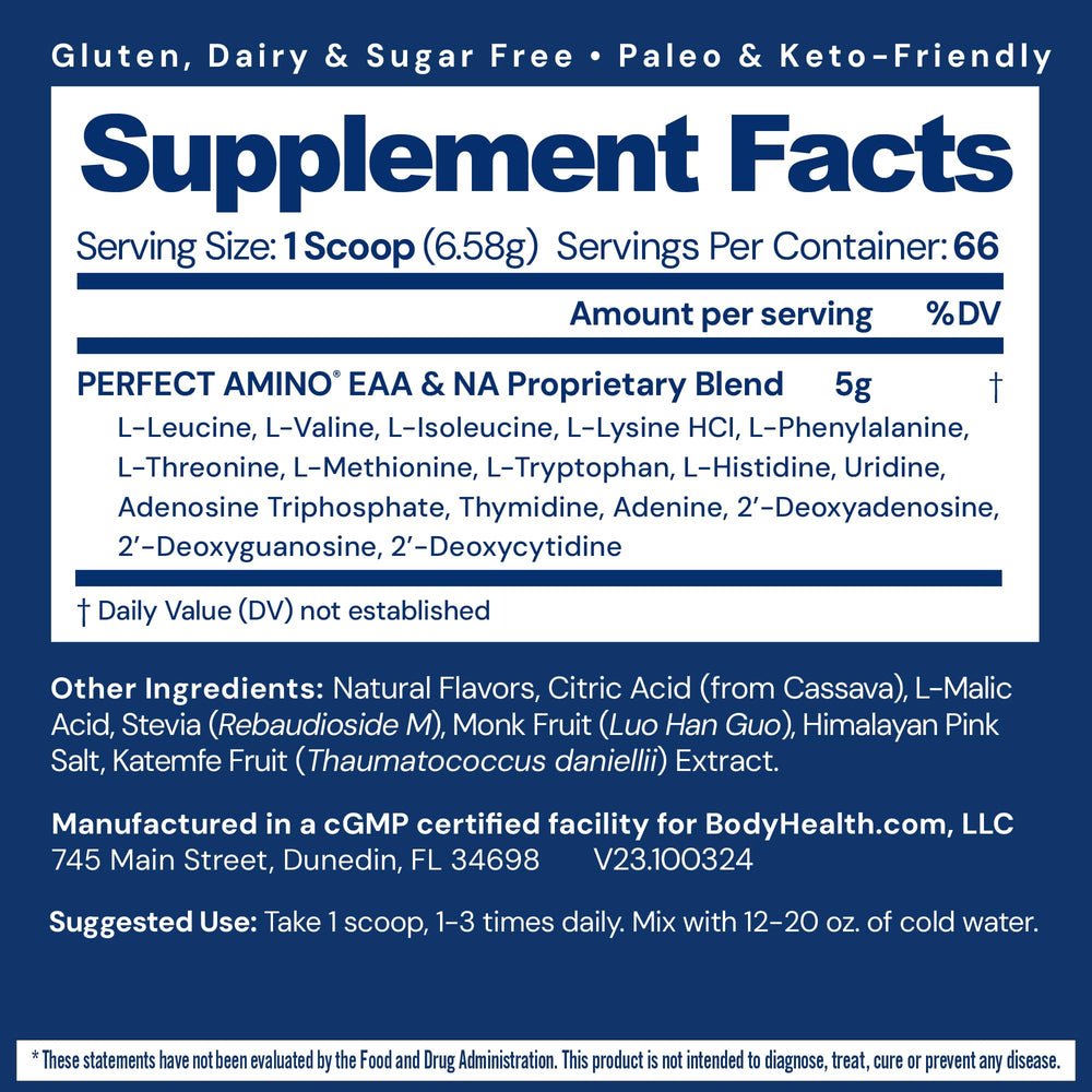 BodyHealth PerfectAmino powder bottle back highlights NSF certification and clean ingredients