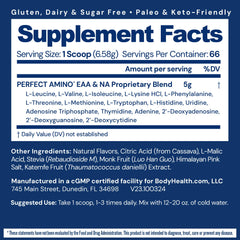 BodyHealth PerfectAmino powder bottle back highlights NSF certification and clean ingredients