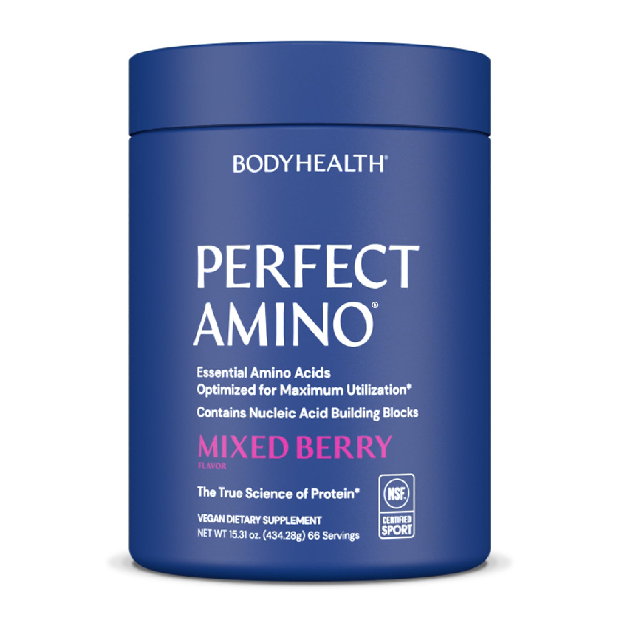 BodyHealth PerfectAmino powder bottle front showing vegan amino boost for workout recovery