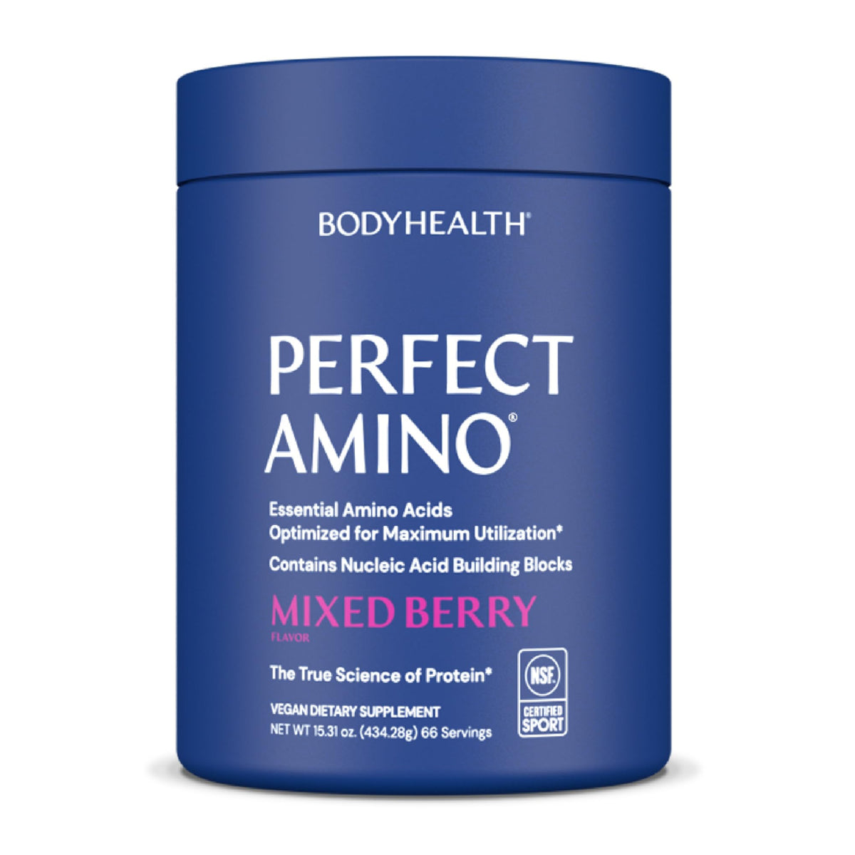 BodyHealth PerfectAmino powder bottle front showing vegan amino boost for workout recovery