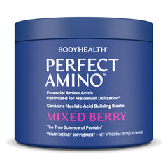 BodyHealth PerfectAmino bottle pours powder for pre-workout energy.