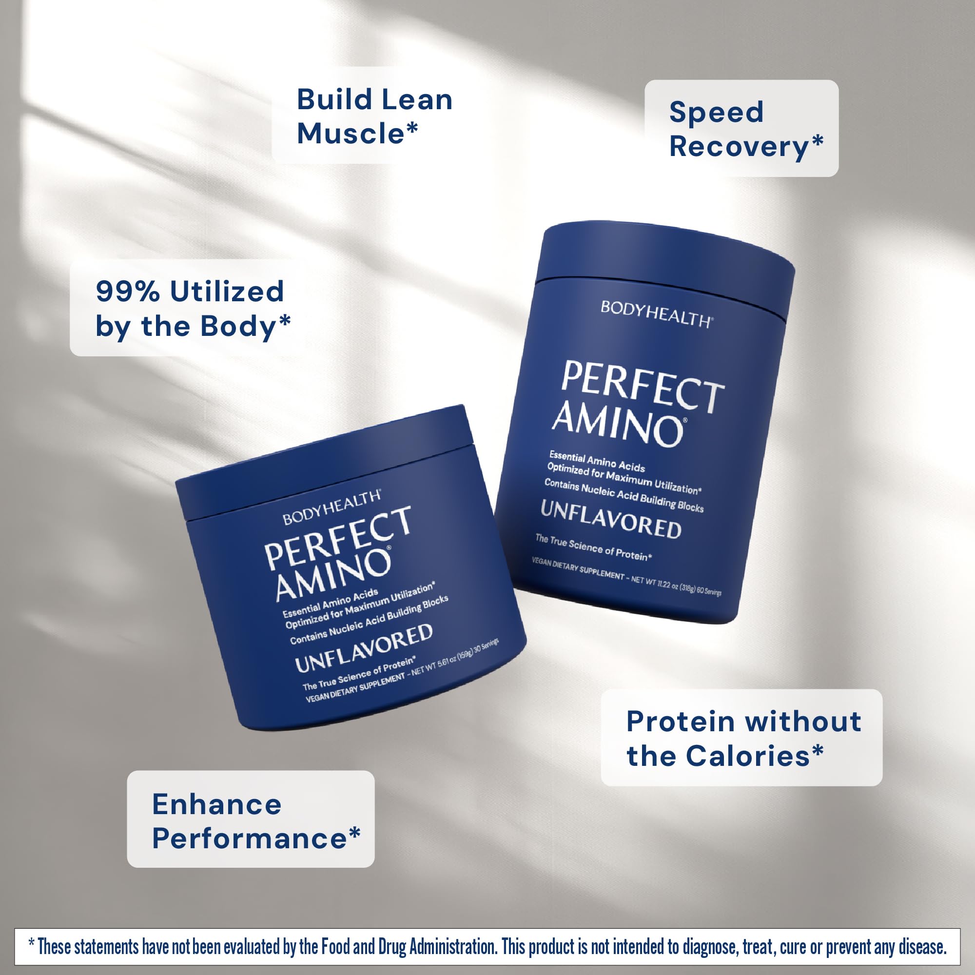 Ingredients panel emphasizes essential amino acids in BodyHealth PerfectAmino