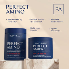 BodyHealth PerfectAmino powder pour demonstrates quick mix and ready-to-drink convenience
