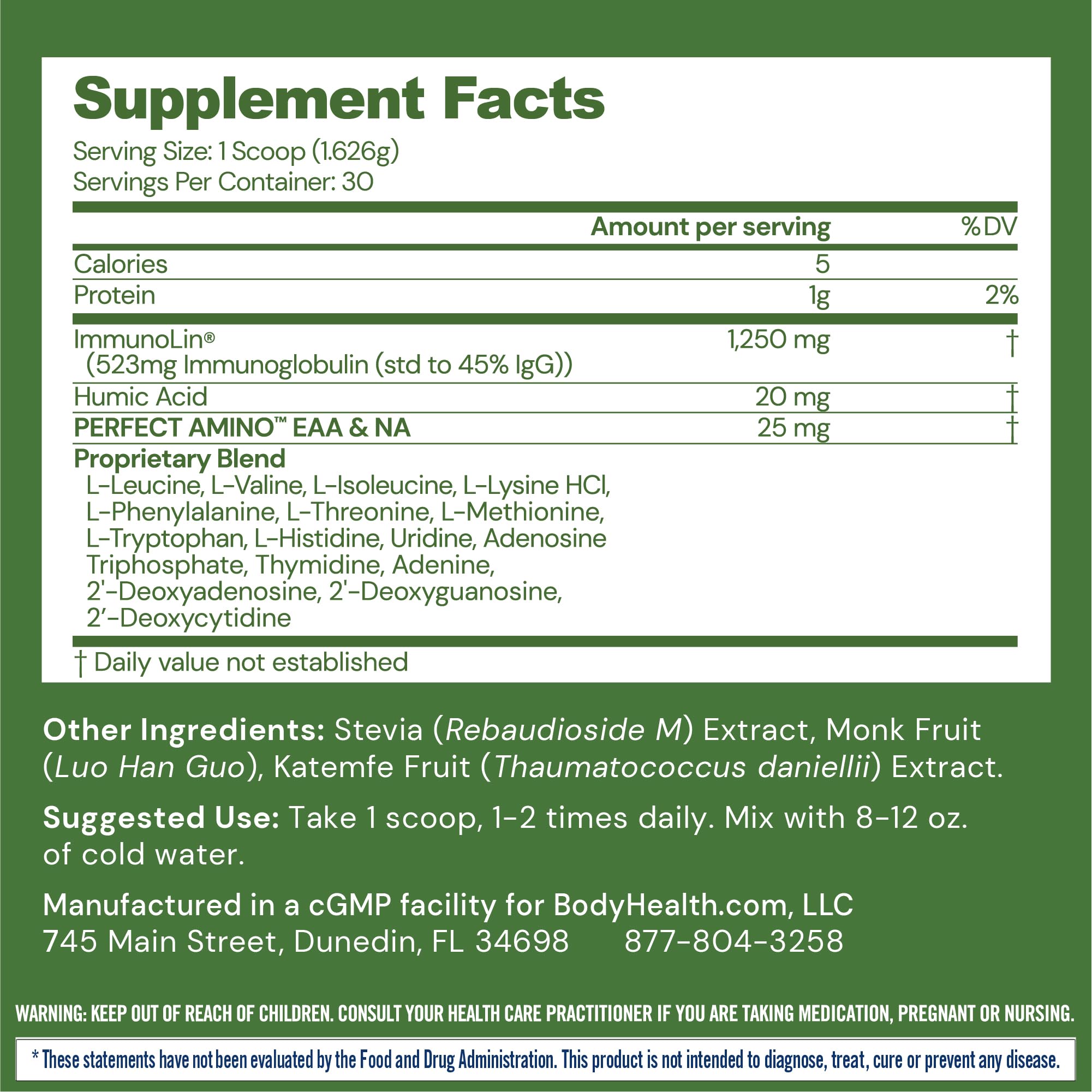 BodyHealth PerfectAmino powder scattered, highlighting essential amino acids for gut lining support.