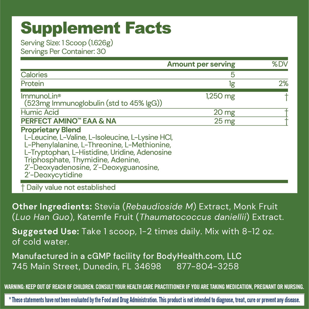 BodyHealth PerfectAmino powder scattered, highlighting essential amino acids for gut lining support.