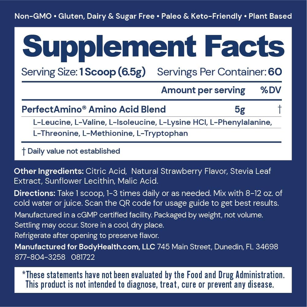 BodyHealth PerfectAmino powder scoop highlights precise serving for fast recovery