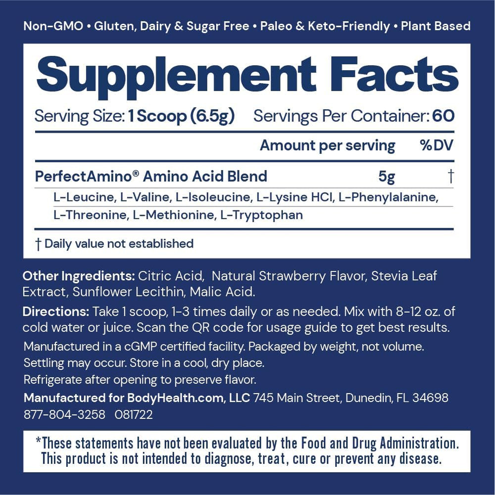 BodyHealth PerfectAmino powder scoop highlights precise serving for fast recovery