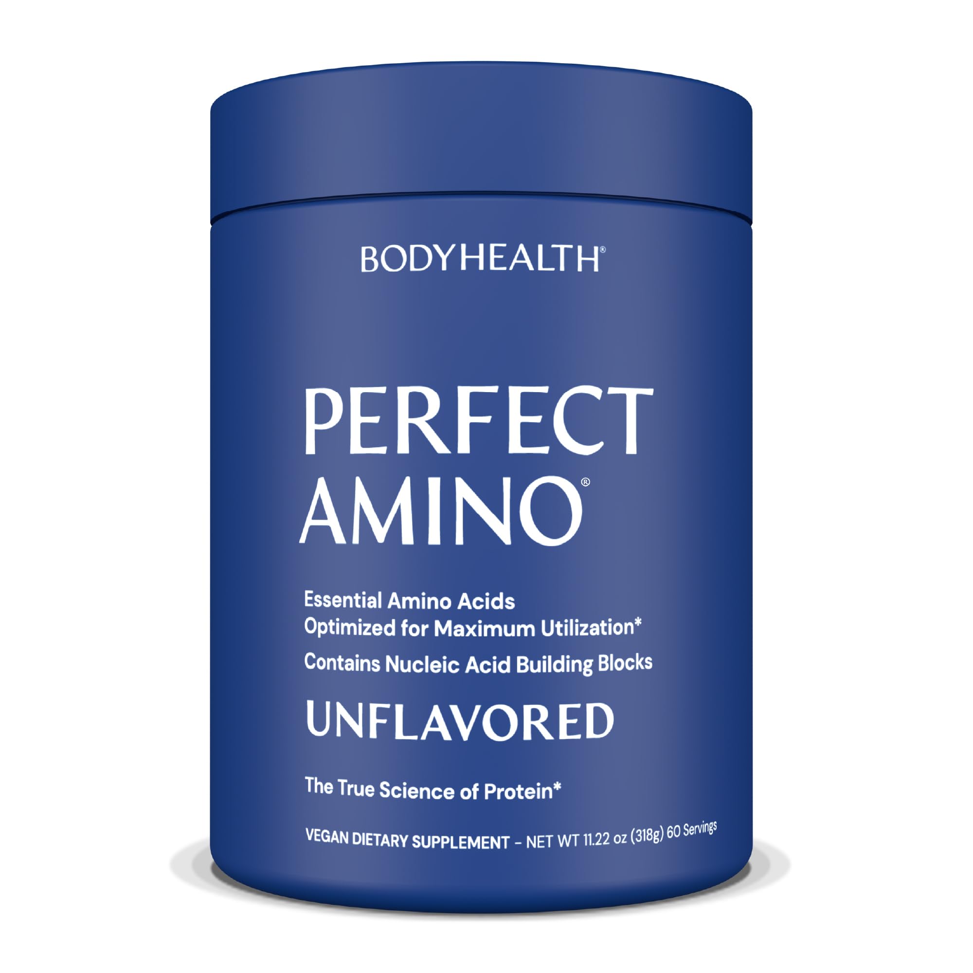 BodyHealth PerfectAmino powder tub front highlights vegan amino acid support