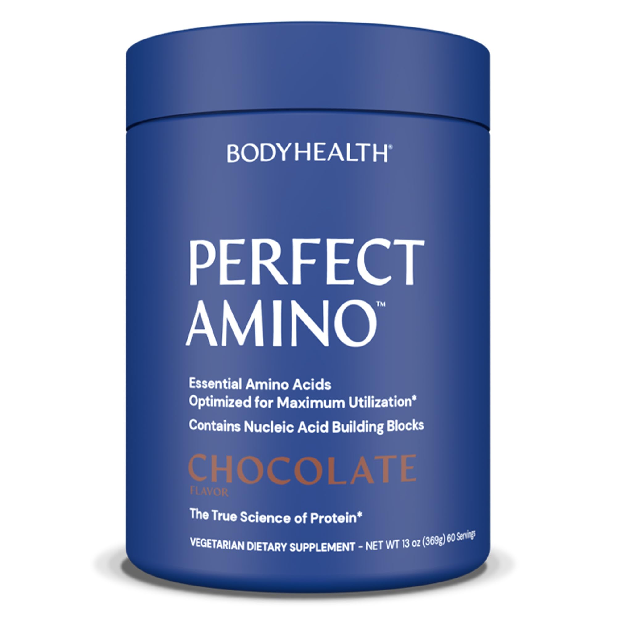 BodyHealth PerfectAmino Powder brand tub showing essential amino acids for lean muscle support.