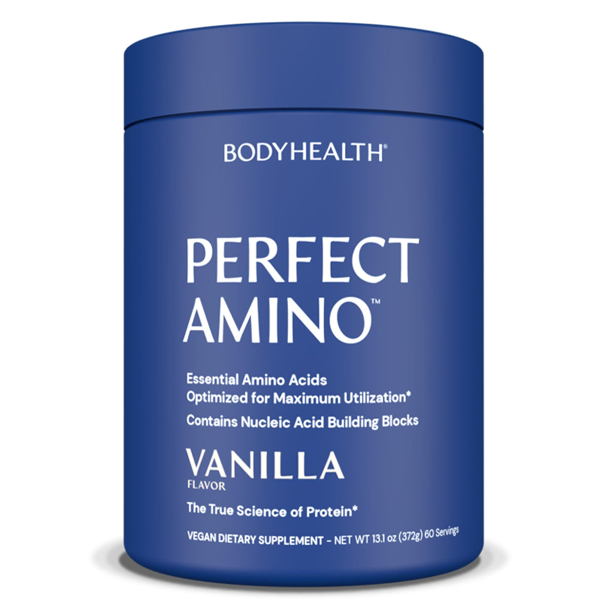 BodyHealth PerfectAmino vanilla tub ready for a quick energy-boosting mix.