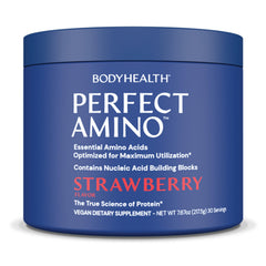 BodyHealth PerfectAmino strawberry tub highlighting vegan BCAA and EAA support for recovery.