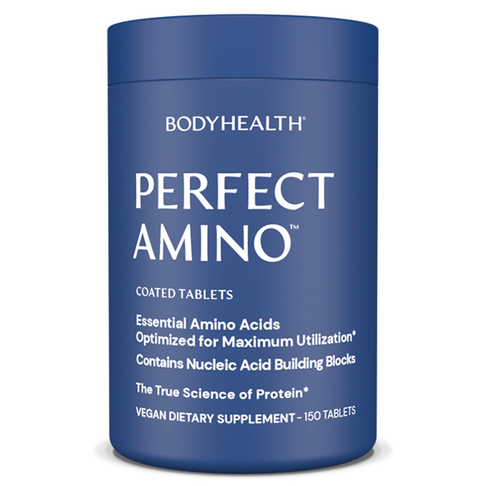BodyHealth PerfectAmino bottle with easy-to-swallow tablets for pre- or post-workout support.