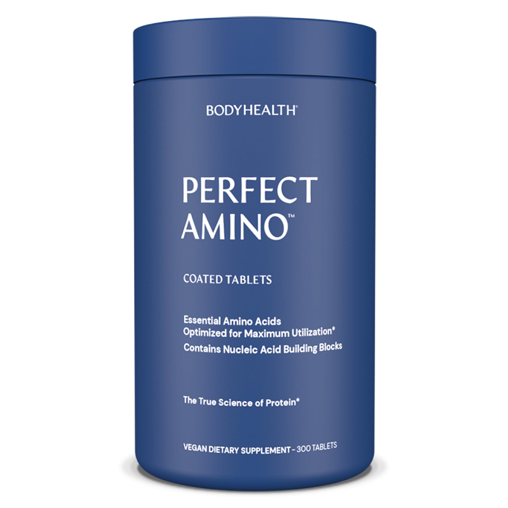 BodyHealth PerfectAmino tablets in a bottle highlighting easy-to-swallow vegan coating.