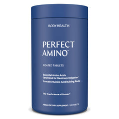 BodyHealth PerfectAmino tablets in a bottle highlighting easy-to-swallow vegan coating.