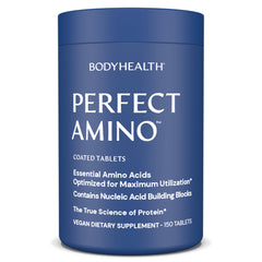 BodyHealth PerfectAmino bottle with easy-to-swallow tablets for pre- or post-workout support.