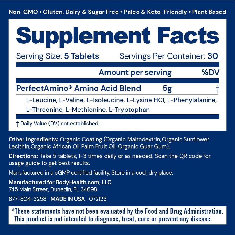 BodyHealth PerfectAmino tablets close-up reveal smooth coated vegan capsules.