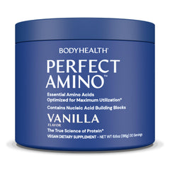 BodyHealth PerfectAmino Vanilla tub with 30 servings for daily lean muscle support.