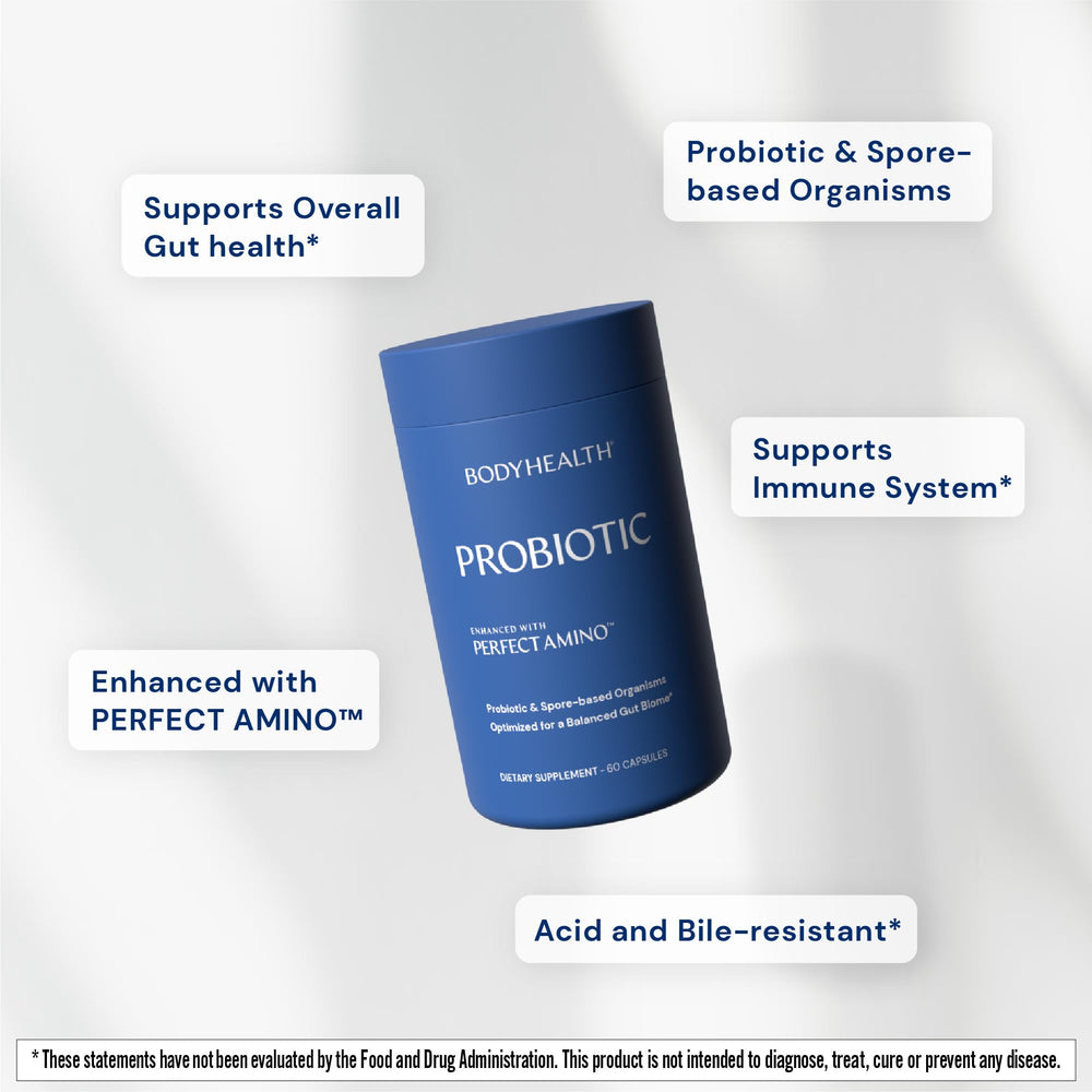BodyHealth PerfectAmino label highlights culture count and strains