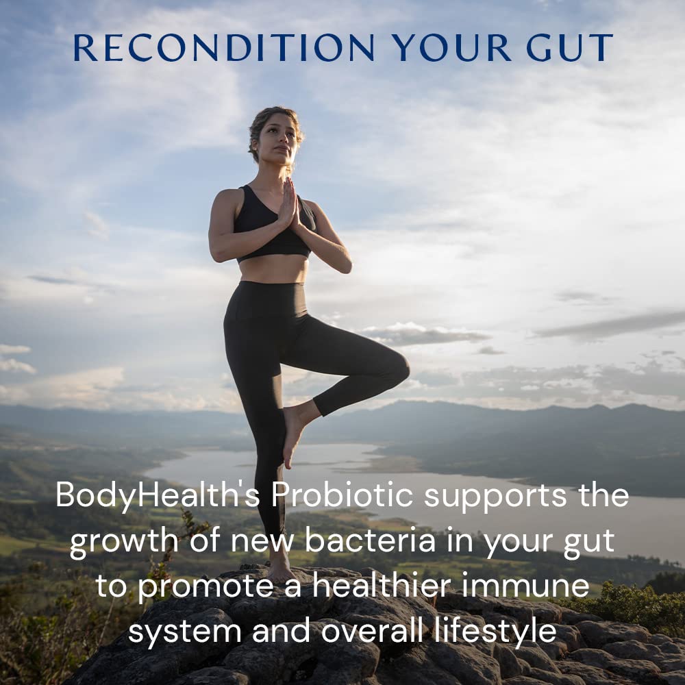 BodyHealth Probiotic bottle shows vegan and allergen-free seals