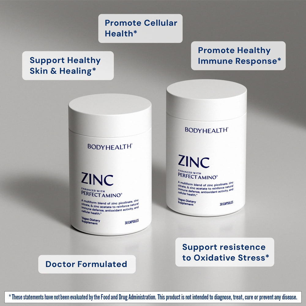 BodyHealth zinc blend close-up with picolinate, citrate and acetate for absorption.